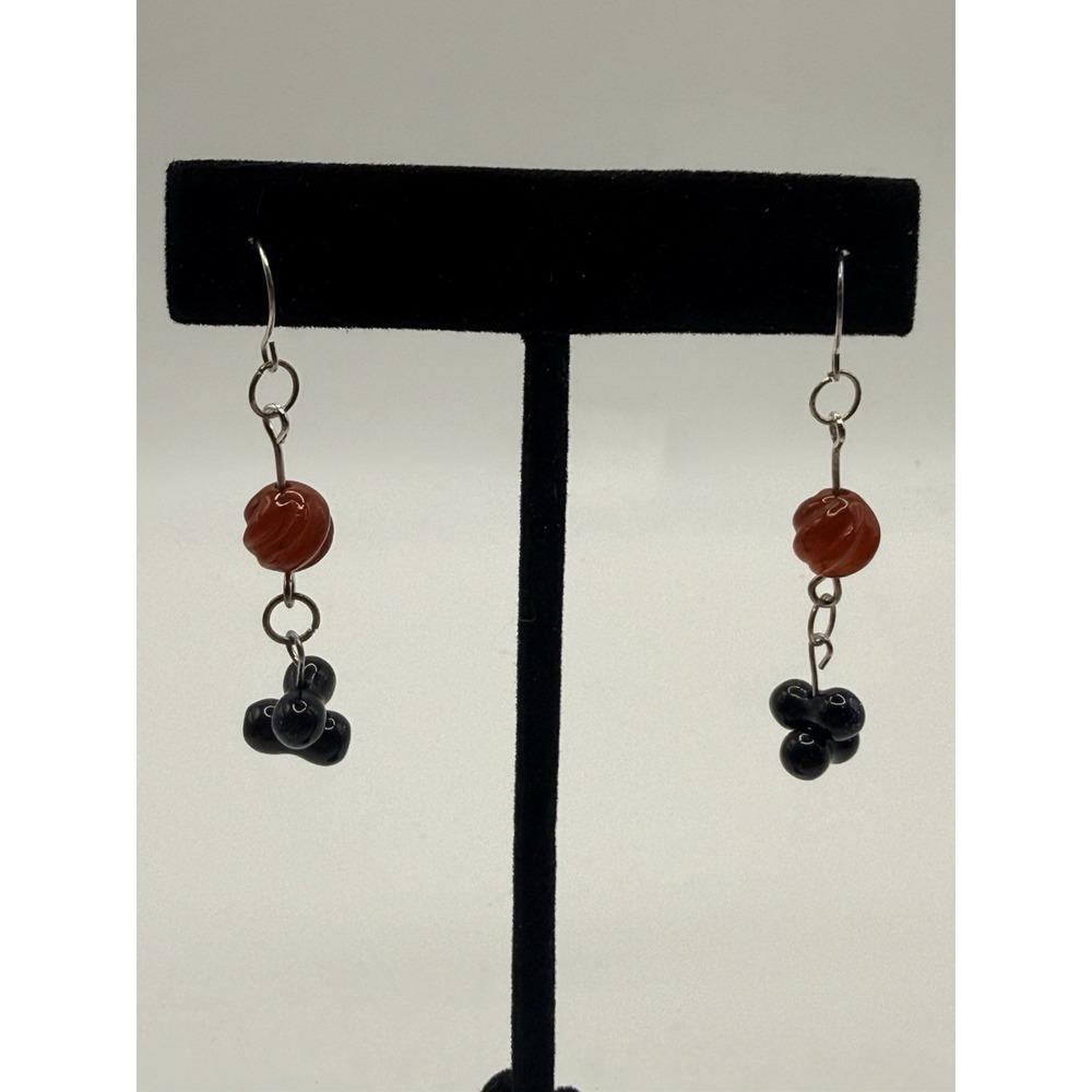 Stone Dangle Earrings Red Black Silver Tone Hook Drop 2"